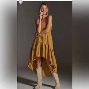 Maeve Anthropologie high-low strapless gold dress